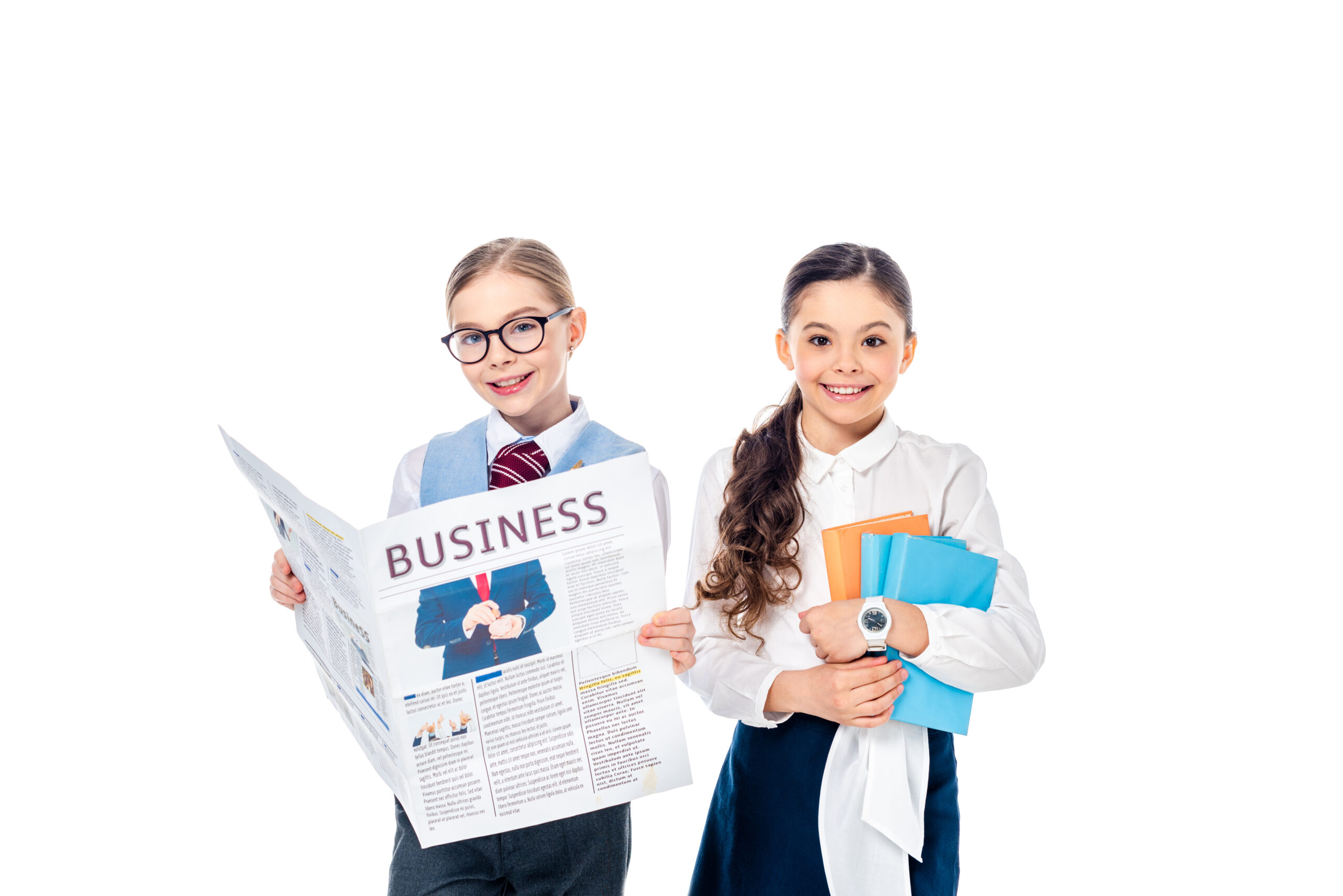 Smiling,Schoolgirls,In,Formal,Wear,With,Business,Newspaper,And,Books