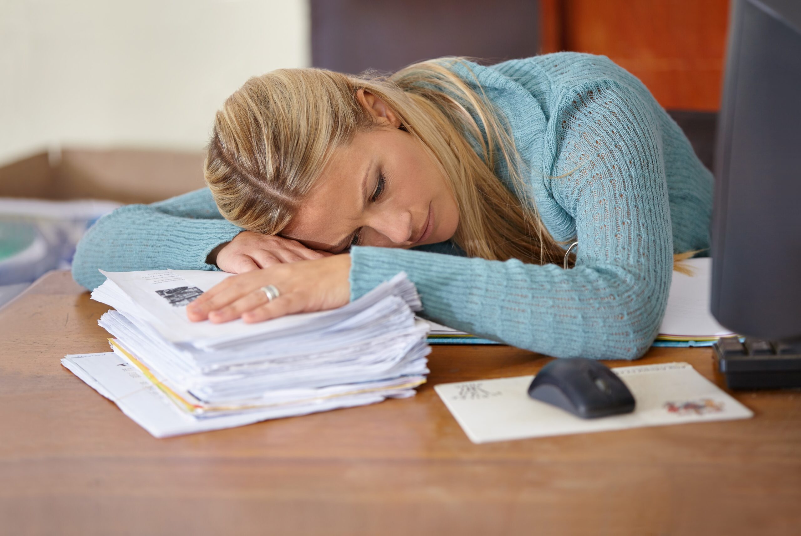 Woman,,Teacher,Or,Sleeping,At,Desk,With,Paperwork,,Stress,Or