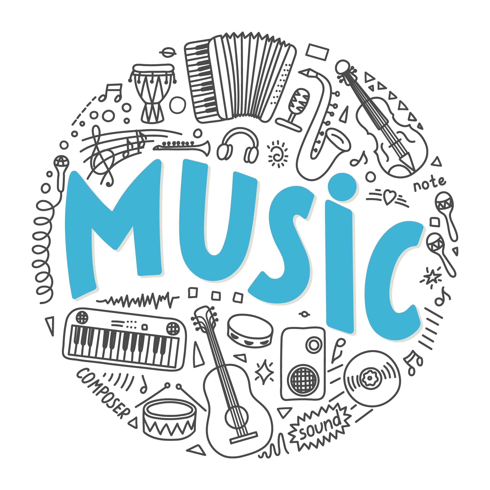 Music.,School,Subjects.,Hand,Drawn,Doodles,And,Lettering,On,White